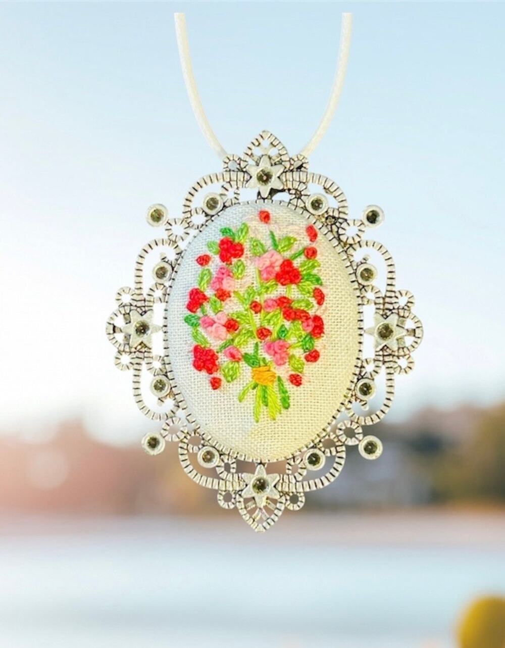 Handmade Embroidery Red and Pink Wildflower Bouquet Botanical Pendant Necklace